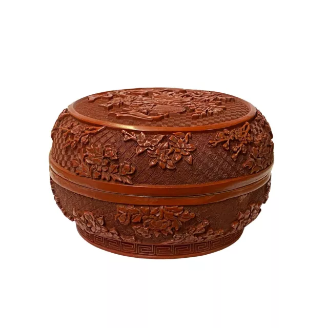 Chinese Red Resin Lacquer Round Floral Carving Accent Box ws1947