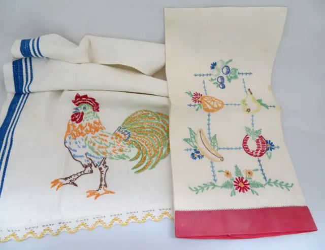 2 Pc Rooster & Fruit Farmhouse Kitchen Hand Embroidered Dish / Tea Towels 1940's
