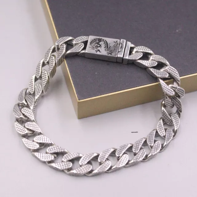 Solid 925 Sterling Silver Chain Dragon Carved Cuban Curb Link Bracelet 38-39g