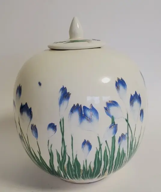 Artisan Crafted Art Pottery Hand Painted Blue Iris Ginger Jar 1991 Signed