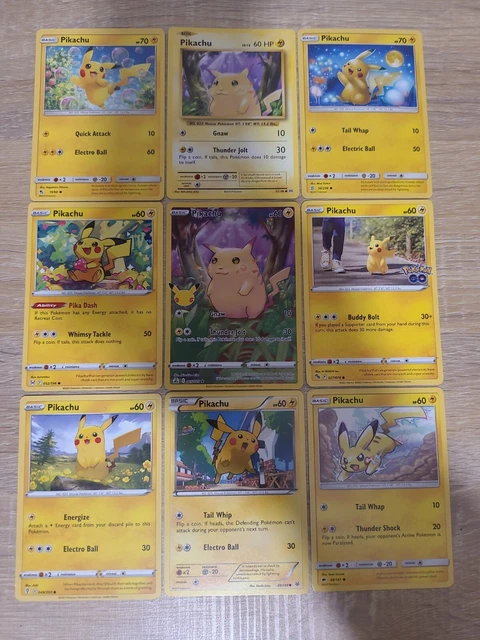 Set of 9 different Pikachu pokemon cards all genuine some vintage some new shiny