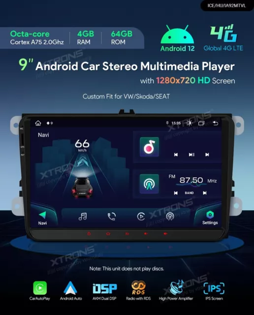 XTRONS IA92MTVL Autoradio Golf Passat Pole Tiguan GPS Android 12 Carplay Wifi 4G