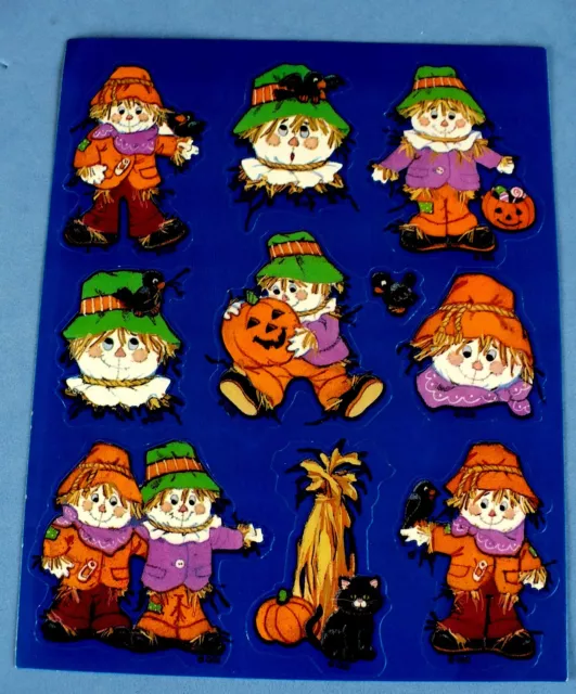 Vintage Ggi Gibson Halloween 9 Stickers 1 Sheet Scarecrows,Pumpkins,Black Cat