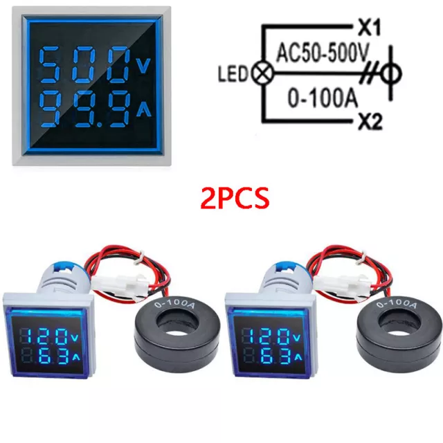 2x AC 60-500V 0-100A 22mm 3 in 1 Voltmeter Ammeter LED Digital Volt/AMP Meter