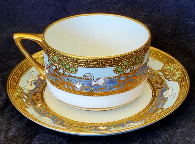 Nippon Teacup & Saucer Set Heavy Raised Gold Hand Painted Swimming Swans Birds