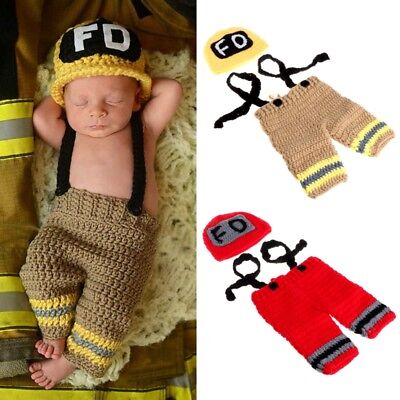 Newborn Crochet Knit Hat Firemen Photo Baby Girls Boys Photography Prop Outfits