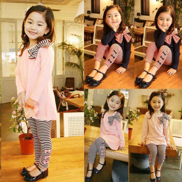 2PCS Child Kids Baby Girls Long Sleeve Bow Dress T-Shirt Tops+Pants Outsuits CU