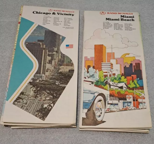 Vintage Rand McNally folding Street Maps Miami & Chicago memorobilia FREE POST