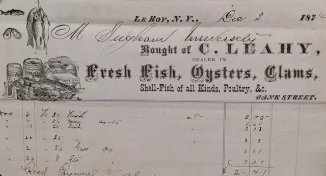 Antique Vintage 1874 Fish Oyster Store Receipt Letterhead Billhead Ephemera