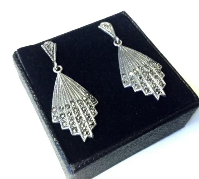 Art Deco 1920s Marcasite Fan Drop Dangle Cocktail Earrings Sterling Silver 925