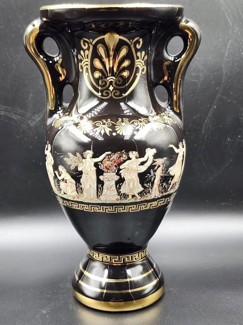GREEK VASE/URN BLACK & Gold Handmade in Greece 24k Gold $32.70