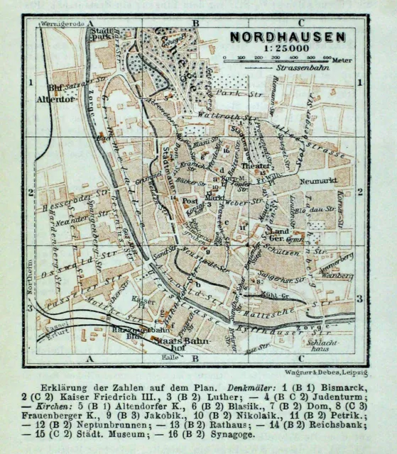 NORDHAUSEN, alter farbiger Stadtplan, datiert 1911