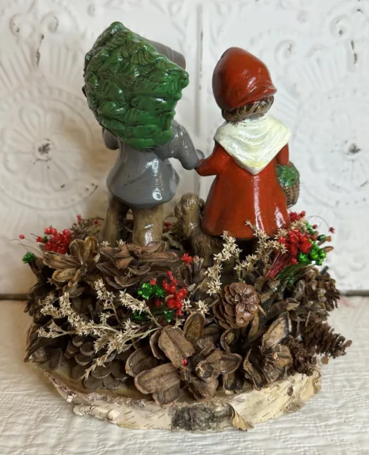 Vintage Ceramic Girl Puppy Boy Carrying Tree Christmas Figurine Birch Pine Comes 9