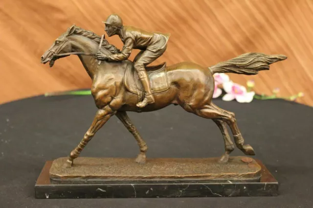 Horse Racing Fan Thoroughbred Horse Jockey Racetrack Bronze Statue Sculpture Art 2