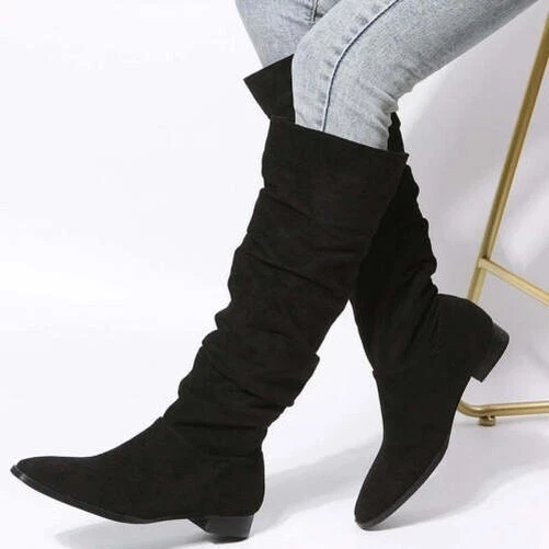 Femmes Plissé Talon Bas Hauteur Genou Microfibre Bottes