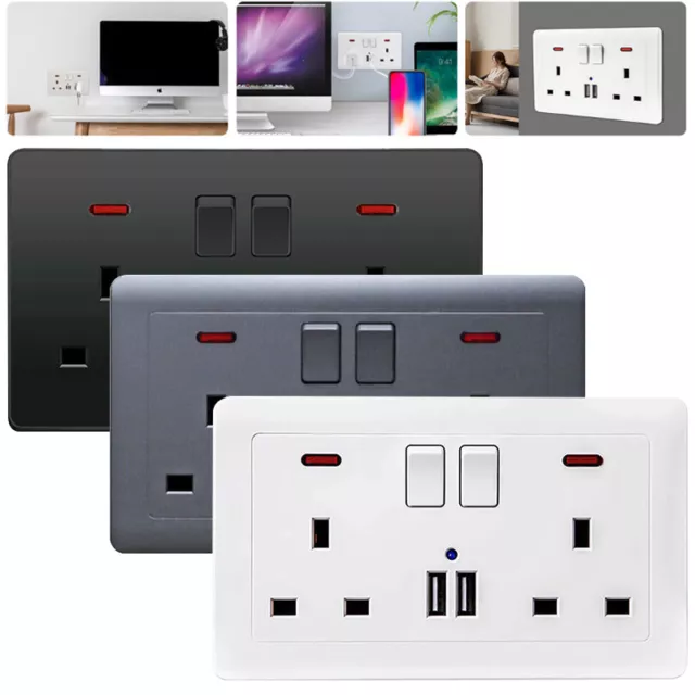 UK STOCK Double Wall Plug Socket 2Gang 13A with 2 USB Charger Port Outlets Plate