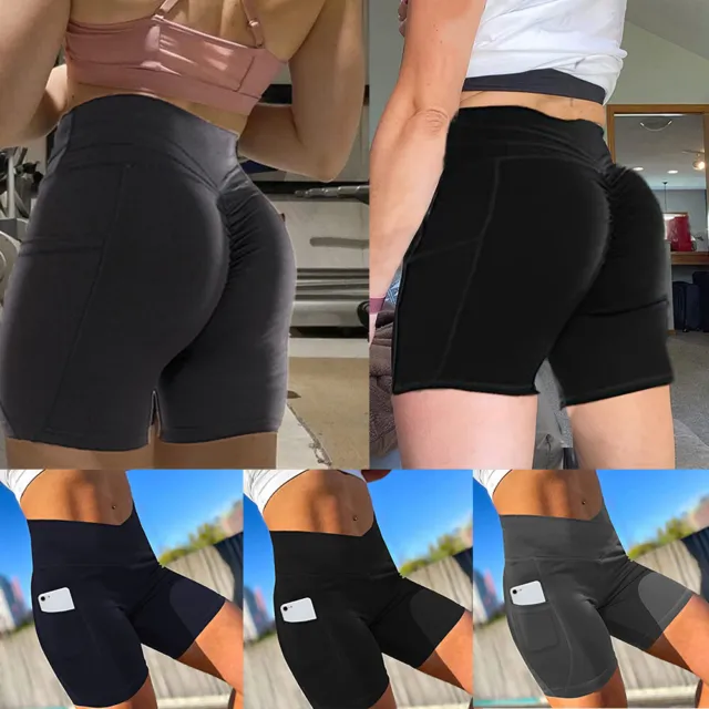 WOMENS HIGH WAIST Yoga Shorts Push Up Leggings Scrunch Ruched Gym Pockets  Sports $19.39 - PicClick AU