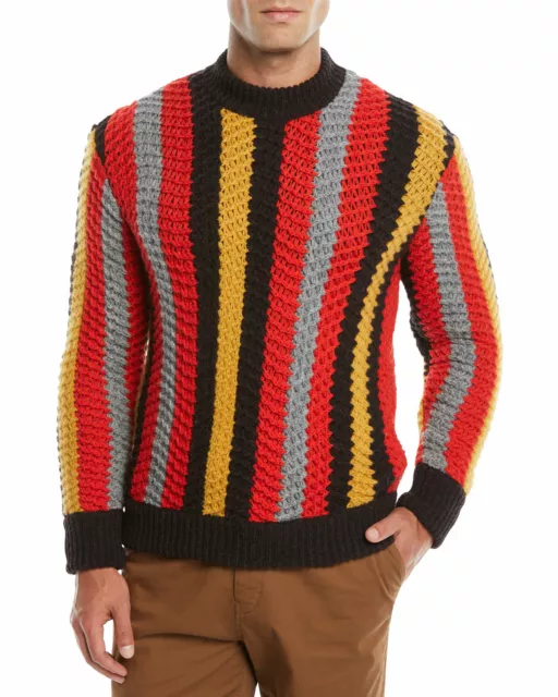 Salvatore Ferragamo Wool Cashmere Striped Cable Knit Crew Neck Sweater M L Italy