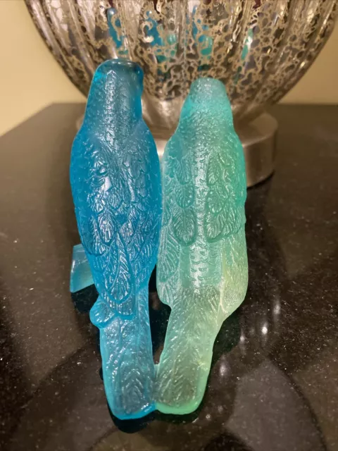 Beautiful DAUM France Pate De Verre Crystal Love Bird Parakeets Figurine 3