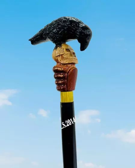 Falconry Walking Cane Fancy Skull & Crow Hand Carved Unique Walking Cane Stick