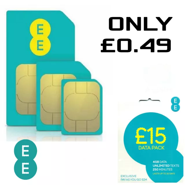 EE 4G £15 Data Pack Pay As You Go SIM PAYG Nano/Micro/Standard Triple Cut New UK