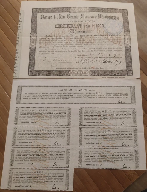 Netherlands 1880 USA Denver Rio Grande Spoorweg Maatschappij $ 1000 Coupons Bond