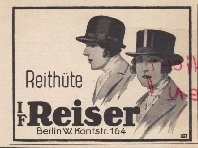 BERLIN, Werbung 1930, I F Reiser  Reit-Hüte Kleidung Ausstattung Garderobe