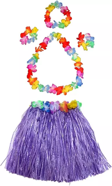 Girl'S Elastic Hawaiian Hula Dancer Grass Skirt with Flower Costume Set -Purple