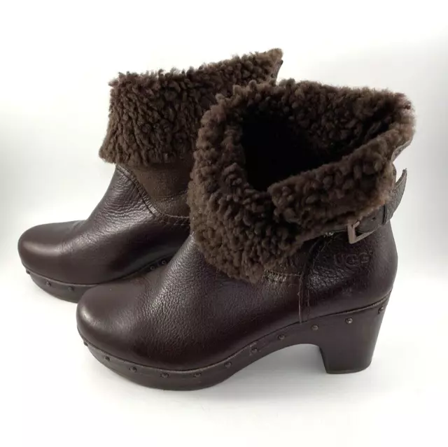 UGG Australia Amoret Heeled Booties Brown Leather Sheepskin Lined Women Size 7 3