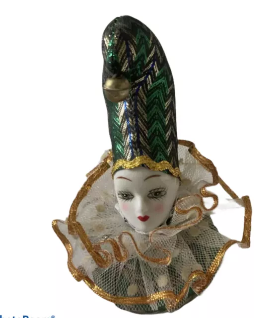 Porcelain Hand Painted  Jester Clown Doll Pin Cushion/Paperweight VINTAGE