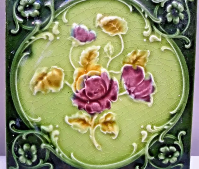 Antique Tile Majolica Rose Purple Art Nouveau England Floral Architecture "135 2