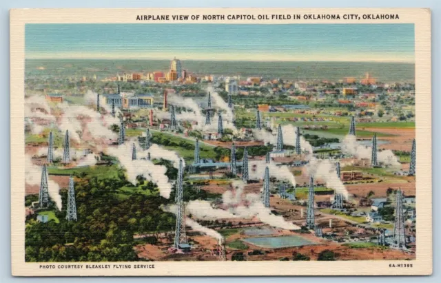 Postcard OK Oklahoma City Airplane View North Capitol Oil Field Linen M11