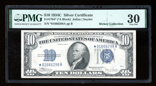 DBR 1934-C $10 Silver STAR Fr. 1704* PMG 30 Serial *01666298A