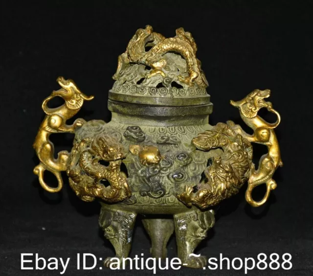 Old Chinese Bronze Gilt Palace Dragon Pixiu Lion Beast Incense Burner Censer