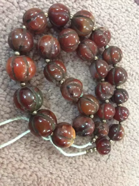 Ancient Rare Old Natural Carnelian Agate Melon Pumpkin Bead Strand Necklace E