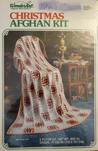 NUEVO Kit de Crochet Afgano Vintage 47 x 62 WonderArt Abuela de Navidad 2490 Nuevo en Caja