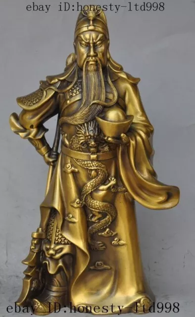 12"Chinese Brass Ancient Hero Guangong Guan Yu dragon Broad sword yuanbao Statue