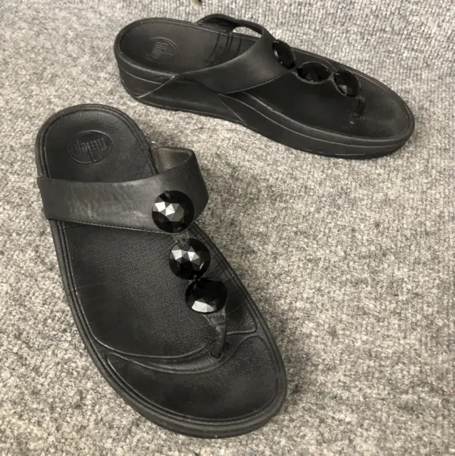 FitFlop 476-090 PETRA Black Jewel Leather Flip-Flop Toning Sandals Womens Sz 8
