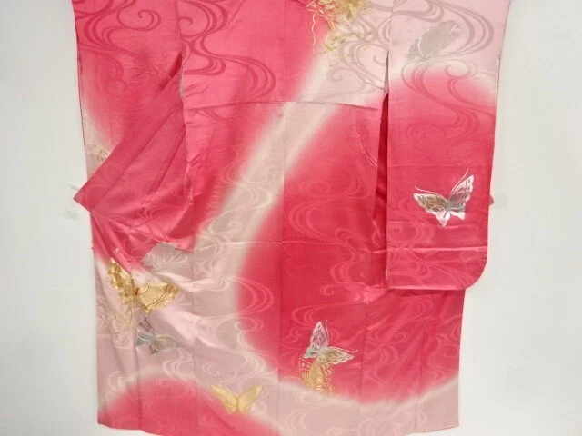 03295# Japanese Kimono / Antique Furisode / Embroidery / Butterfly