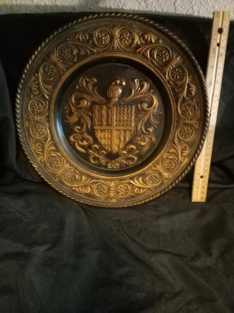 Vintage brass embossed charger flue pipe cover plate repousse metal wall hanging