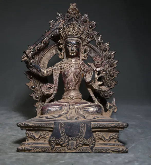 10" Old Antique Tibet Tibetan Buddhism temple Bronze Bodhisattva Manjusri statue