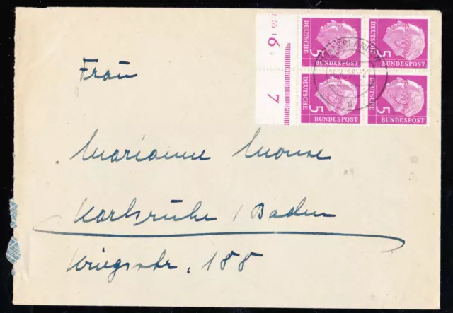 Bund Heuss I,  5 Pf, Mi. 179 4er-Block mit Unterrand auf Brief, reine MeF