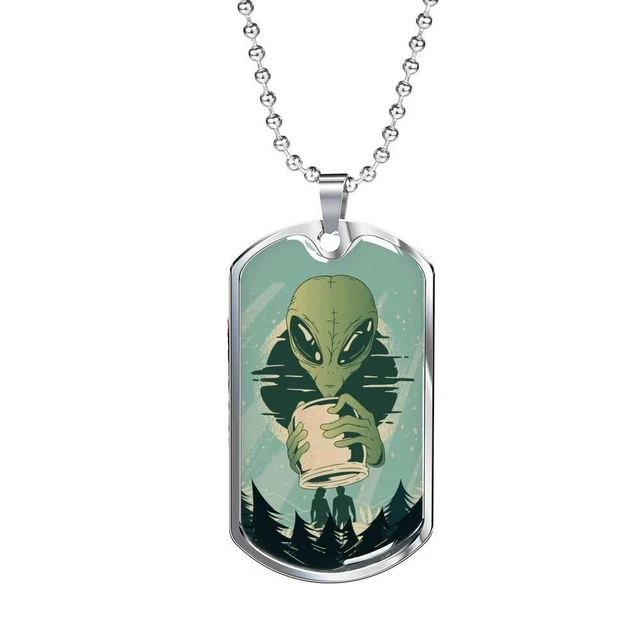 Alien UFO Fan Gift Alien Human Necklace Stainless Steel or 18k Gold Dog Tag 24"