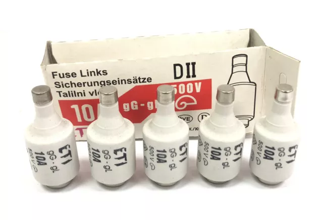 5 x ETI 10amp 500v DII Diazed Fuse, E27 Thread Size, gG-gL Ceramic Bottle Fuse