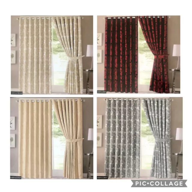 JACQUARD RING TOP CURTAINS FULLY LINED WITH TIE BACKS 90x90 & 66x72