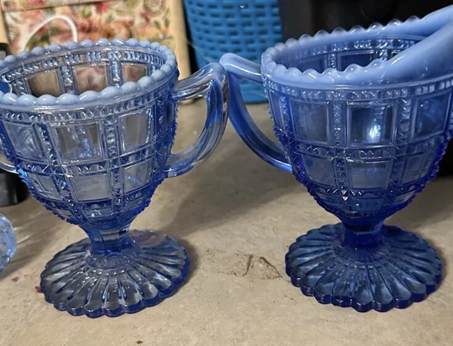Imperial Glass Colbot Blue & milk white fade Creamer & Sugar bowl