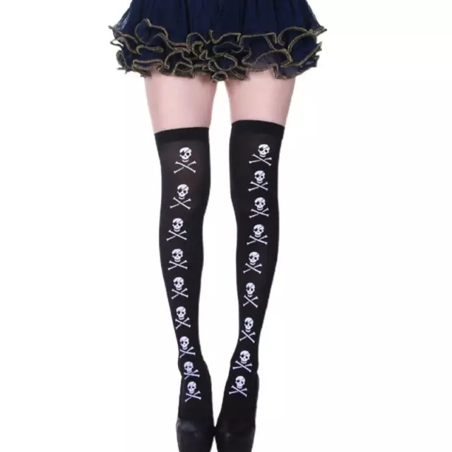 Women Gothic Halloween Black Thigh High Stockings Skull Skeleton Over Knee Socks