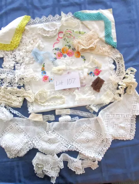 Lot# 107 Lace ,Edging Doilies, Hankies ,Crochet Circle, Embroidered Table Runner