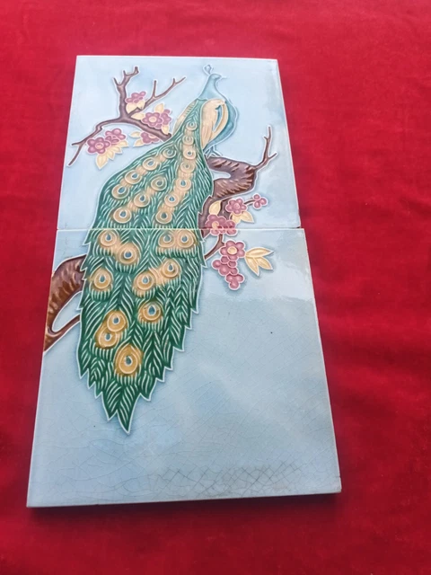 1 Piece Set  Peacock Design Old Art Deco Majolica Ceramic Tiles Japan 0317 3