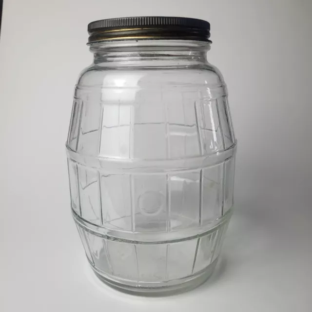 Vintage Duraglass Thick Glass Barrel General Store Pickle Jar & Lid 7-3/4" TALL 2